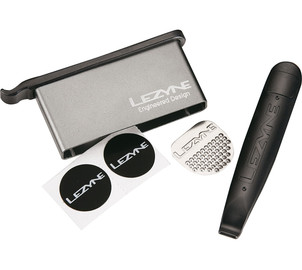 Lezyne Lever Kit in Alloy Box, 2xTire Lever, 6xPatch, 1xScuffer, 1xTire Boot, grey