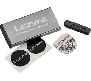 Lezyne Repair Kit Metal, Alloy Box, 6xPatch, 1xScuffer, 1xTire Boots, grey