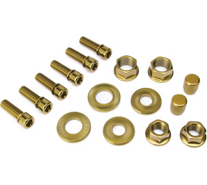 Salt Nut & Bolt hardware pack, gold 1 pair valve caps, 3/8" & 14 mm axle nuts, 6