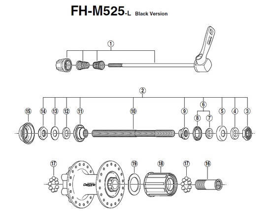 Rear hub Shimano DEORE FH-M525 Disc 6-bolt 9/10-speed-32H, Izmērs: 32H