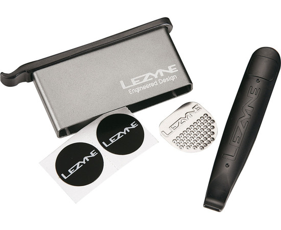 Lezyne Lever Kit in Alloy Box, 2xTire Lever, 6xPatch, 1xScuffer, 1xTire Boot, grey