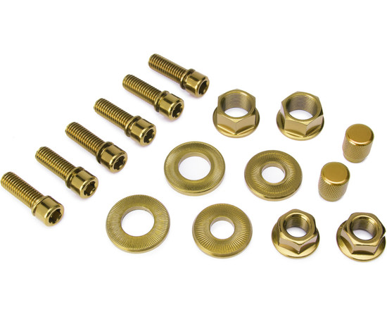 Salt Nut & Bolt hardware pack, gold 1 pair valve caps, 3/8" & 14 mm axle nuts, 6